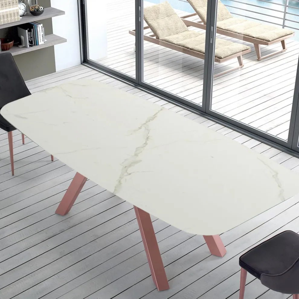 Moderner Barrel-Tisch aus Keramik und roségoldenem Stahl, hergestellt in Italien – Settimmio