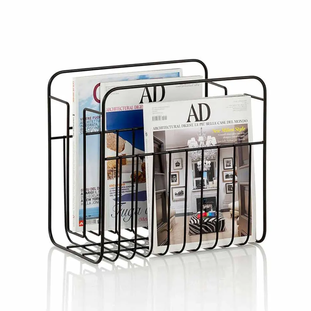 Moderner Boden-Zeitungsständer aus mattschwarz lackiertem Metalldraht - überarbeitet