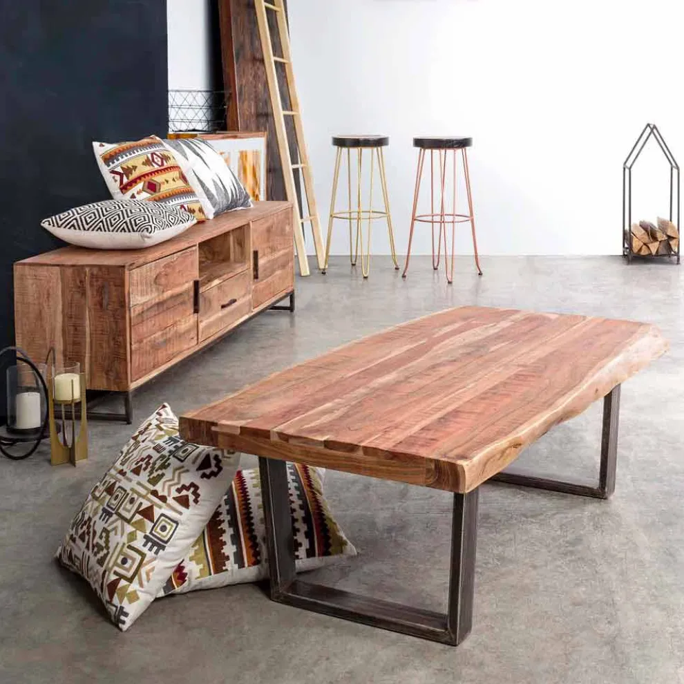 Moderner Couchtisch aus Akazienholz und Homemotion Steel - Verdicchio