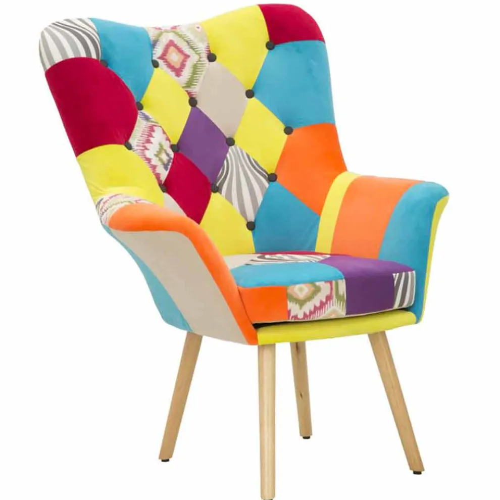 Moderner Design-Patchwork-Sessel aus Stoff und Holz - Karin