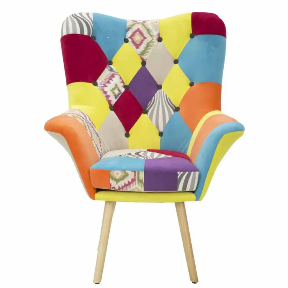 Moderner Design-Patchwork-Sessel aus Stoff und Holz - Karin