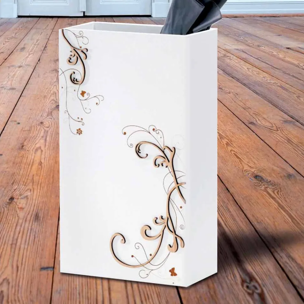 Moderner eleganter Regenschirmständer in dunklem oder weißem Holz mit Dekorationen - Poesie