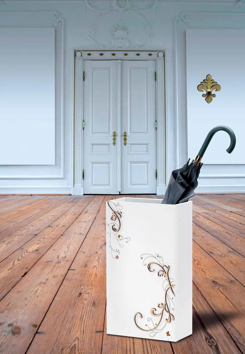 Moderner eleganter Regenschirmständer in dunklem oder weißem Holz mit Dekorationen - Poesie