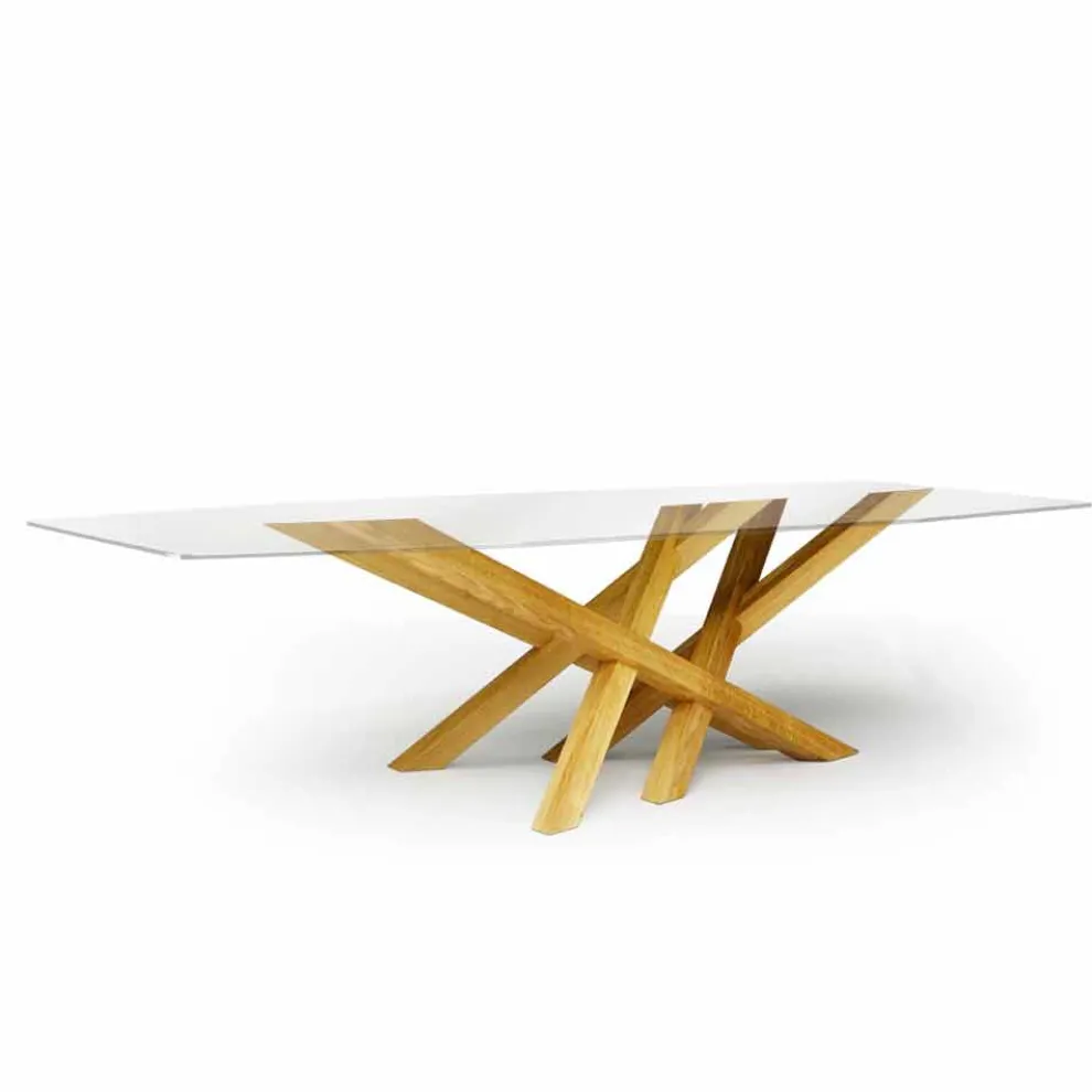 Moderner Esstisch aus Glas und natürlichen Eischenholz made in Italy Acciano