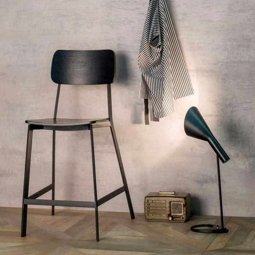 Moderner Hocker H.97 cm, Holz und Metall, Elmas