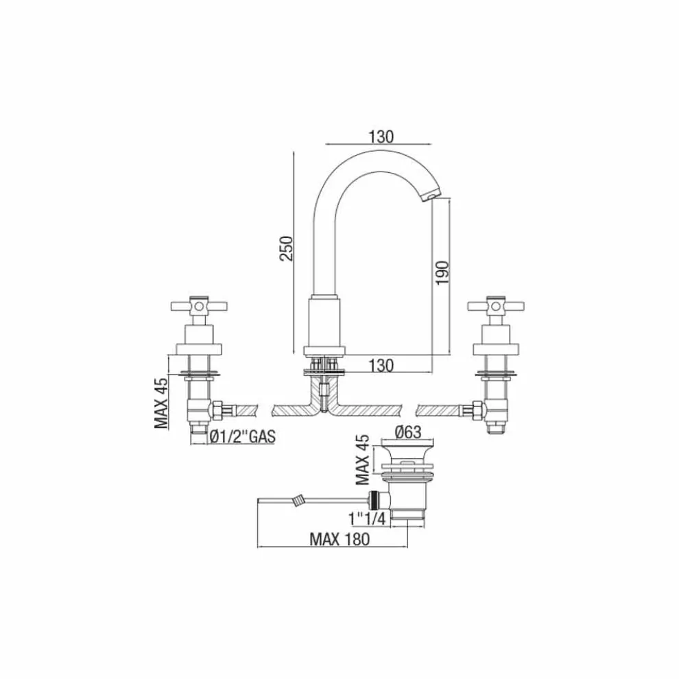 Moderner Mixer für Waschbecken mit Ablauf in Messingchrom Made in Italy - Liro