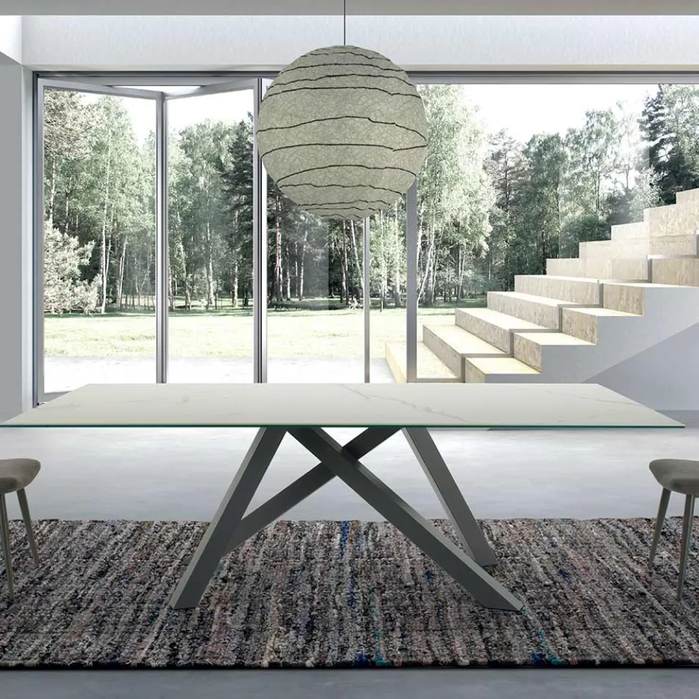 Moderner rechteckiger Tisch aus Keramik und Stahl, hergestellt in Italien – Settimmio