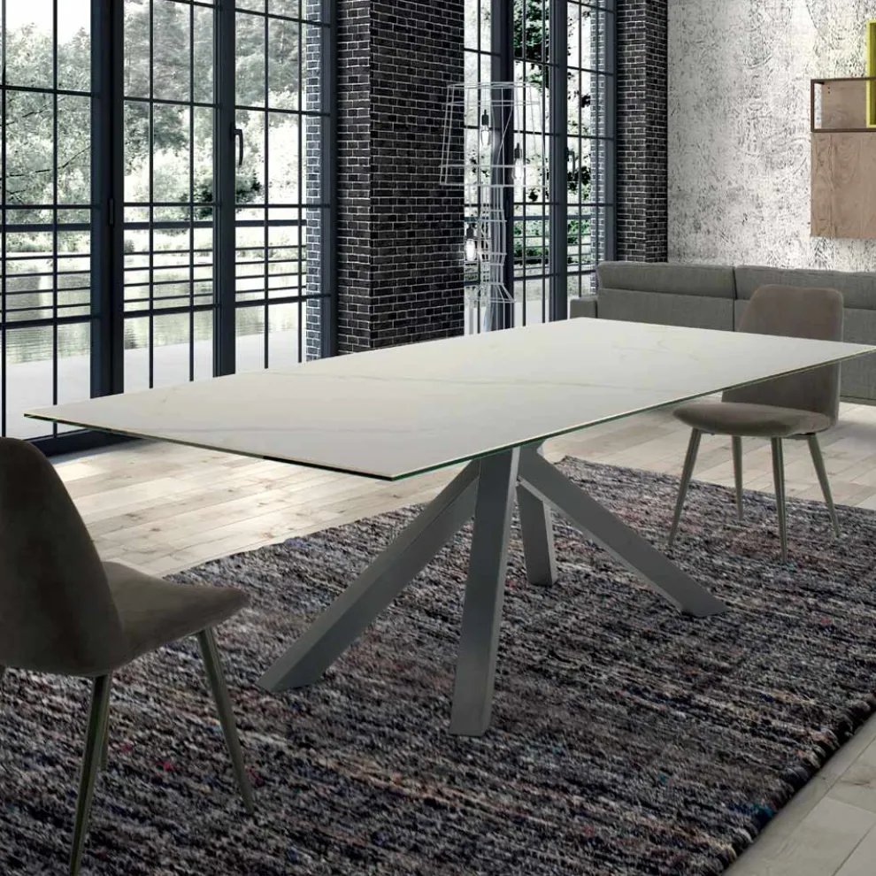 Moderner rechteckiger Tisch aus Keramik und Stahl, hergestellt in Italien – Settimmio