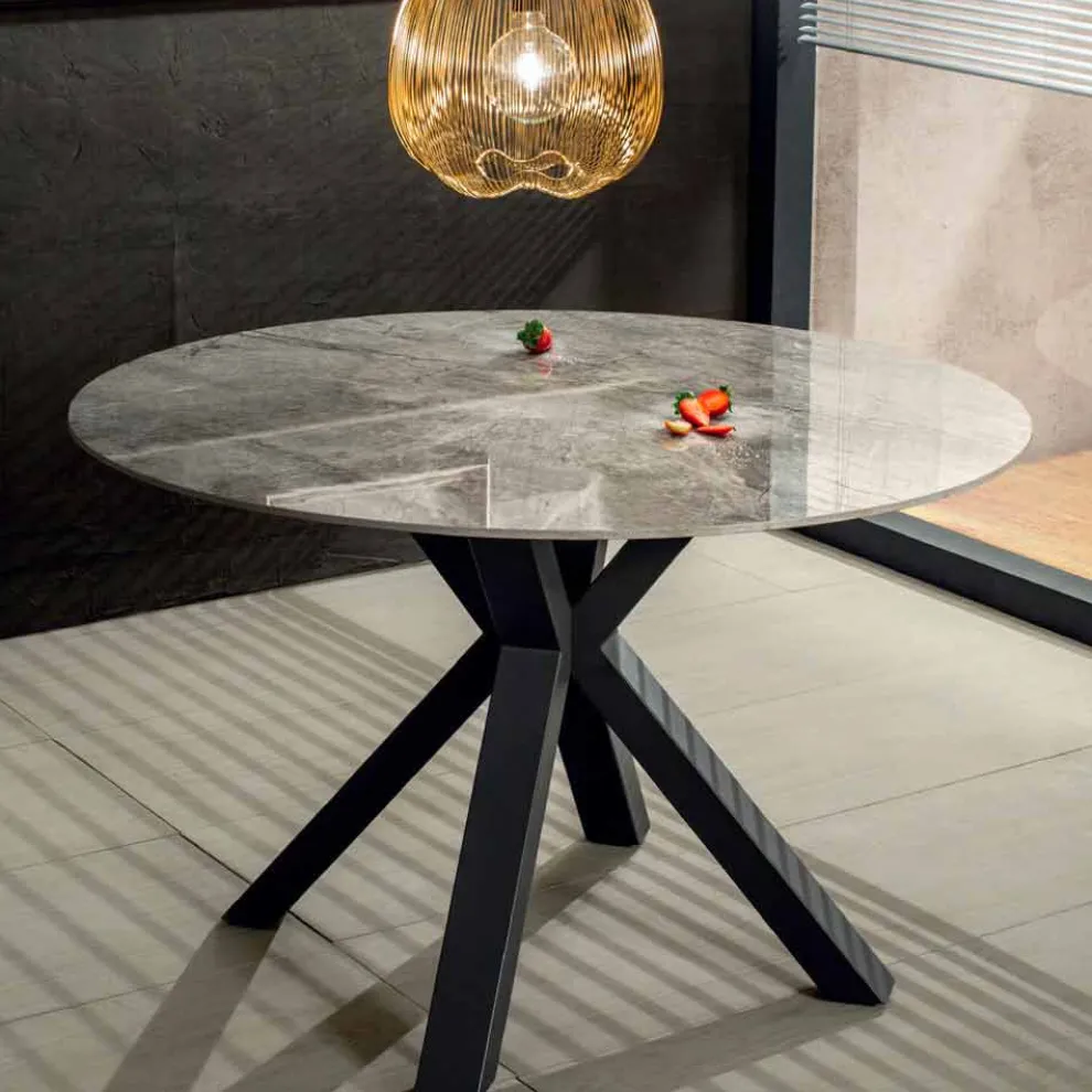 Moderner runder Esstisch aus Keramik Marmor-Effekt und Metall - Jarvis