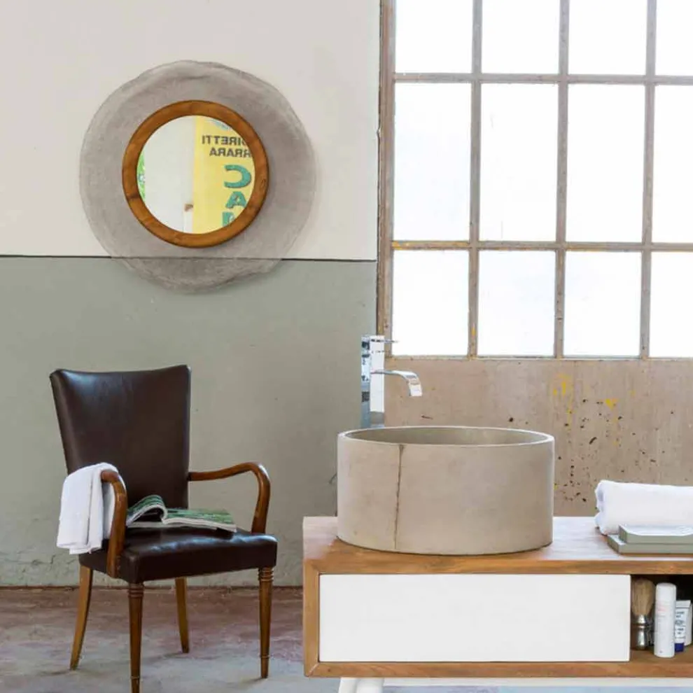 Moderner runder Wandspiegel aus Metall und Teak Monno