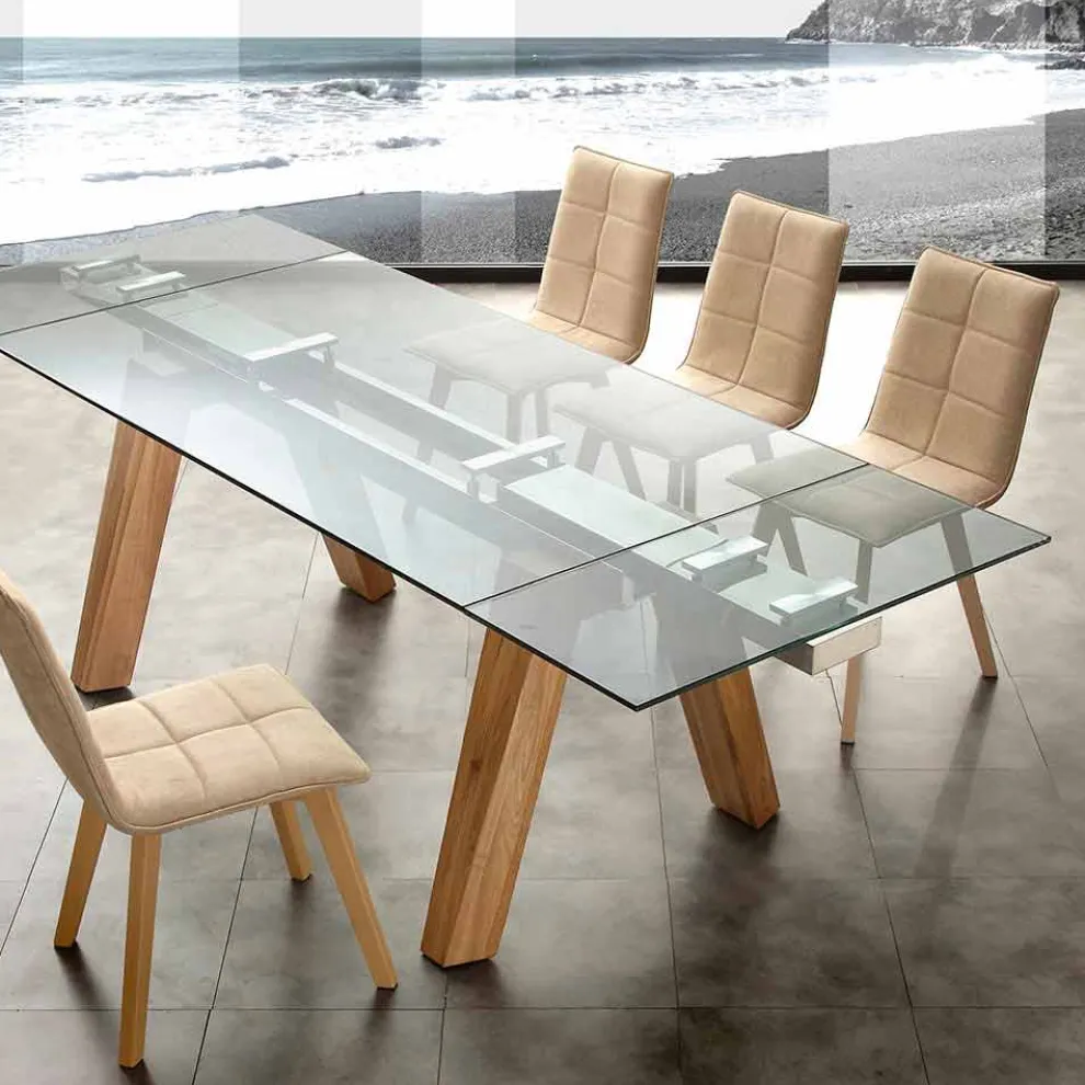 Moderner Tisch ausziehbar aus Glas und Massivholz Florida