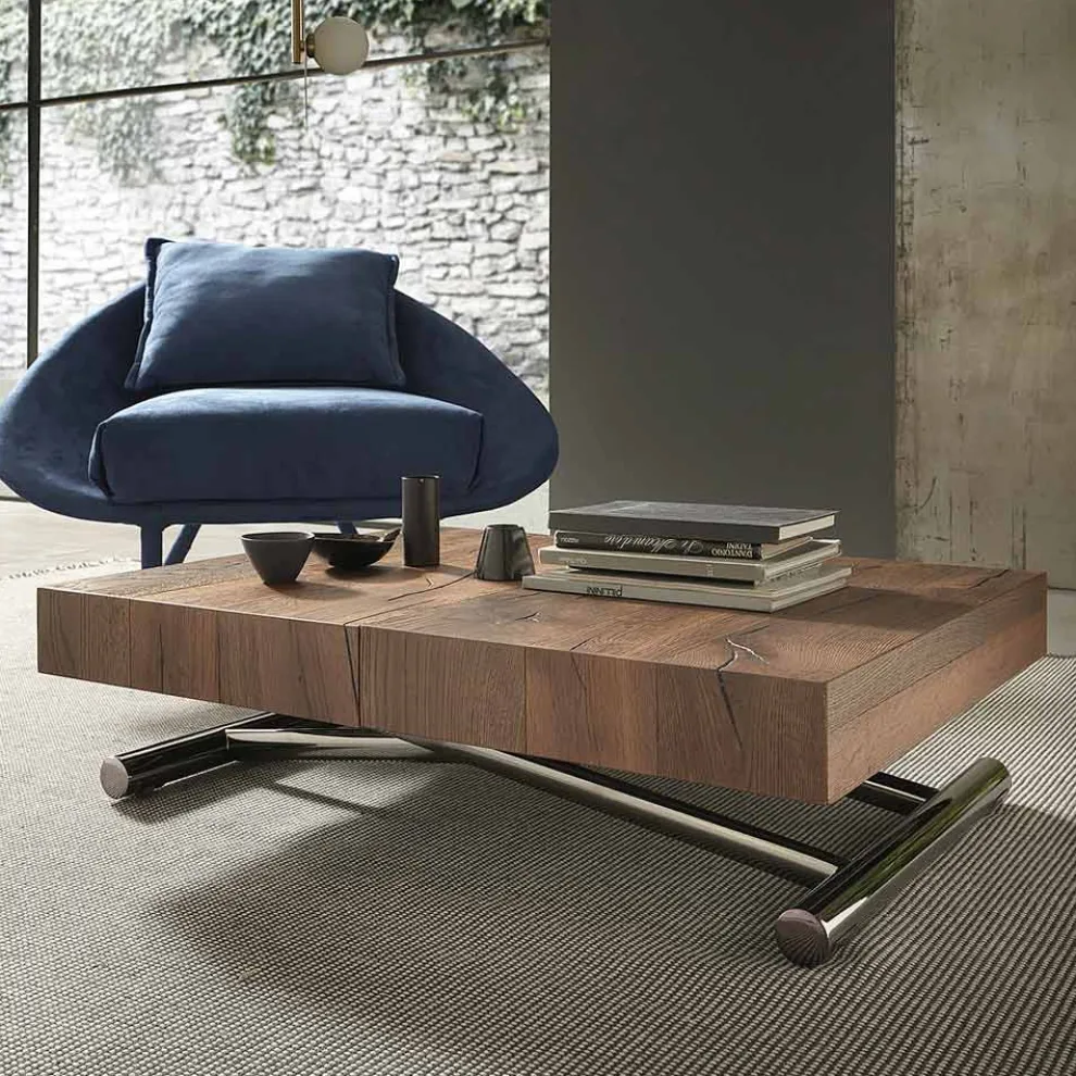 Moderner umwandelbarer Couchtisch aus Holz und Metall, Made in Italy - Spirit