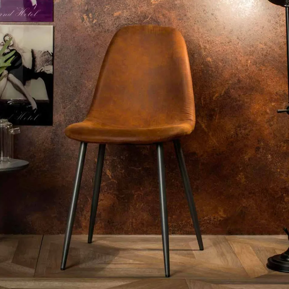 Moderner Wohnstuhl aus braunem Vintage-Kunstleder 4 Stück Elice