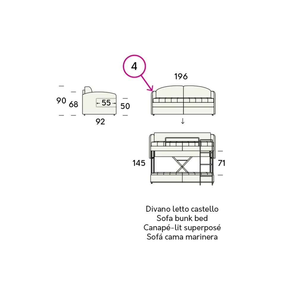 Modernes Etagenschlafsofa aus braunem Stoff Made in Italy - Pont