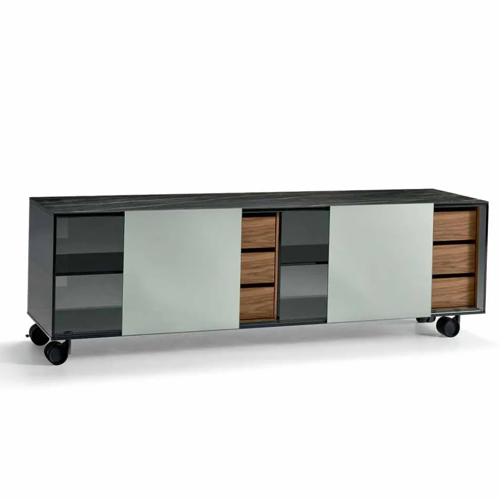 Modernes Sideboard auf Rädern aus Smokey Glass und Keramikplatte Made in Italy - Scocca