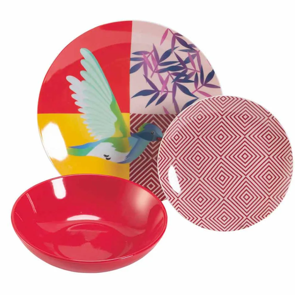 18 Stück farbiges Design Porzellan und Gres Geschirr Service - Tropycale
