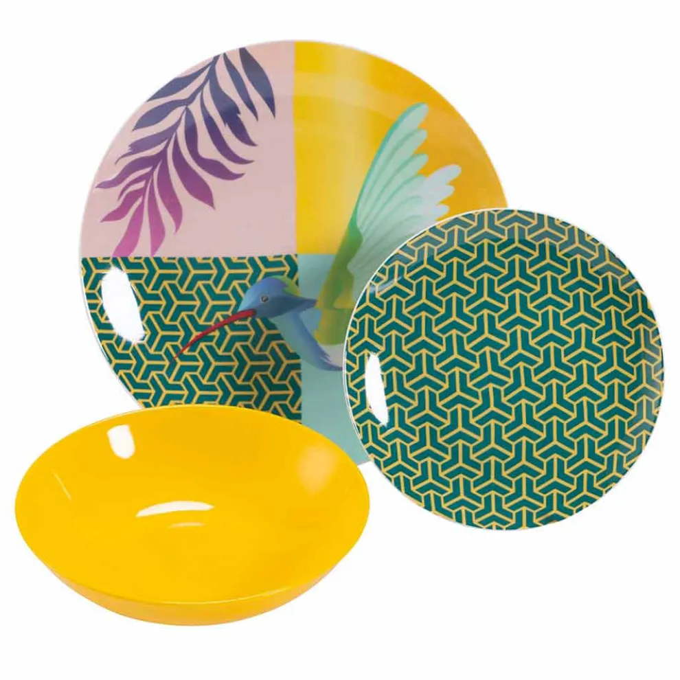 18 Stück farbiges Design Porzellan und Gres Geschirr Service - Tropycale