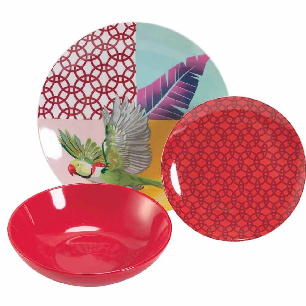 18 Stück farbiges Design Porzellan und Gres Geschirr Service - Tropycale