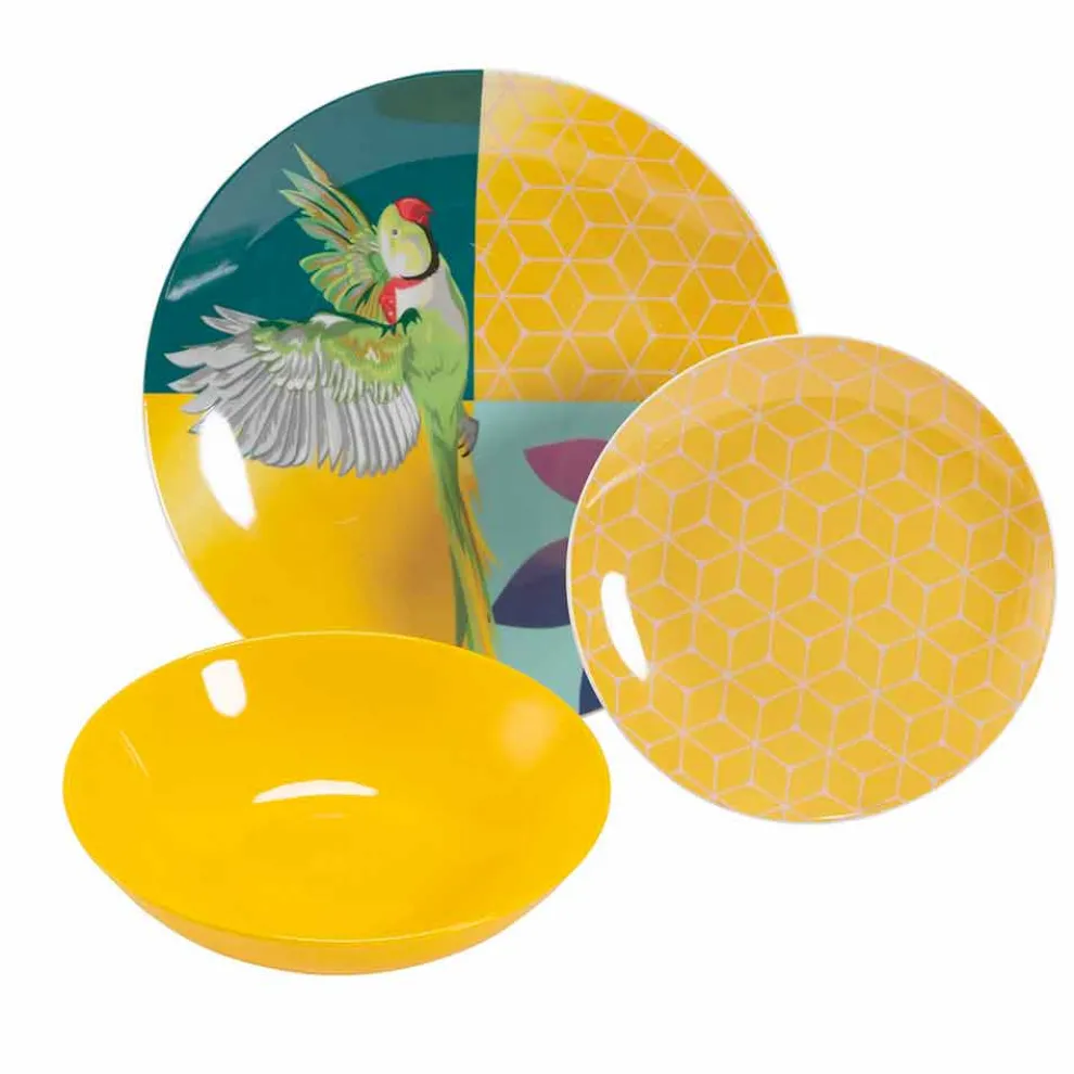 18 Stück farbiges Design Porzellan und Gres Geschirr Service - Tropycale