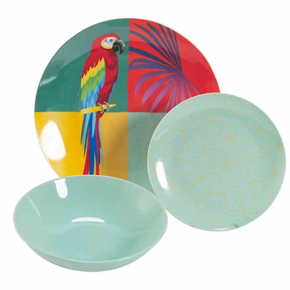 18 Stück farbiges Design Porzellan und Gres Geschirr Service - Tropycale