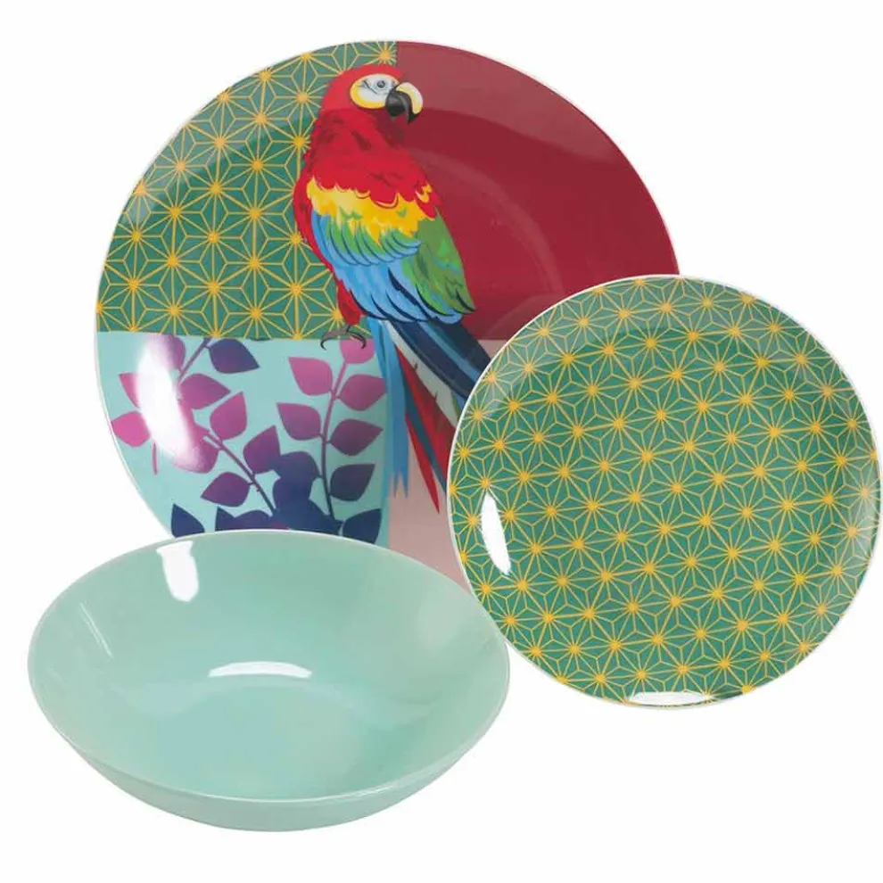 18 Stück farbiges Design Porzellan und Gres Geschirr Service - Tropycale