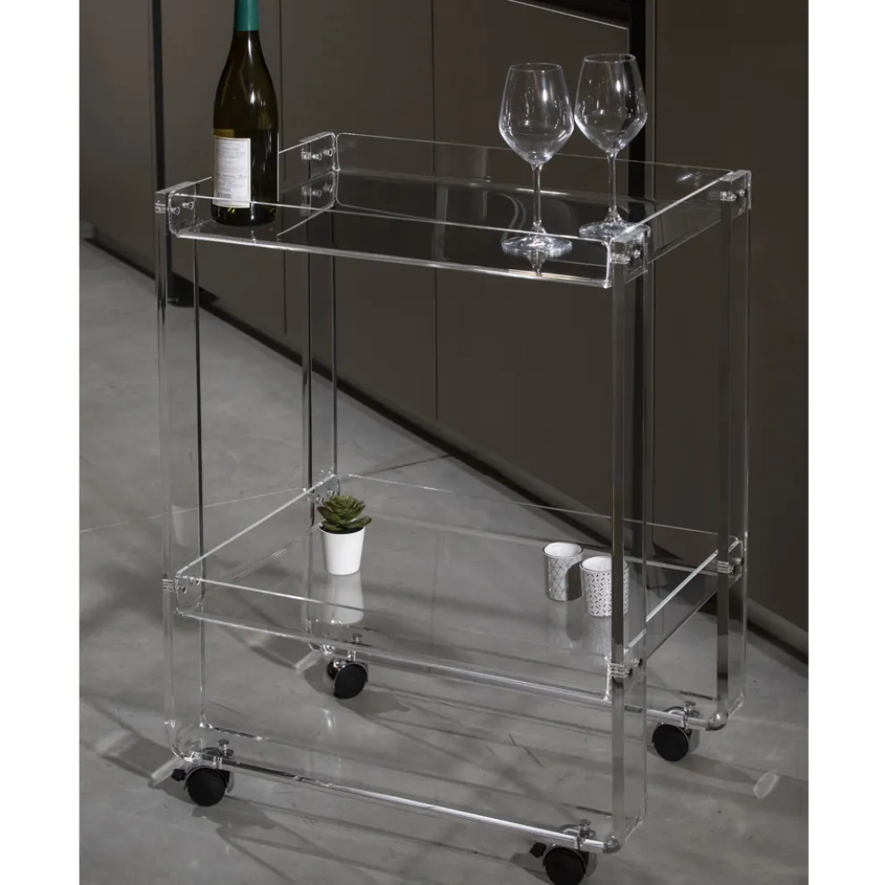 Trolley 2 Regale aus transparentem Acryl mit Rollen und Tablett - Alonso