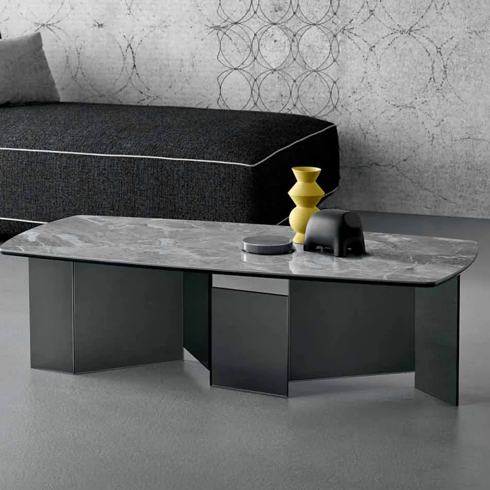 Niedriger Couchtisch Wohnzimmer Keramikplatte und Beine aus Rauchglas 3 Größen - Zufällig