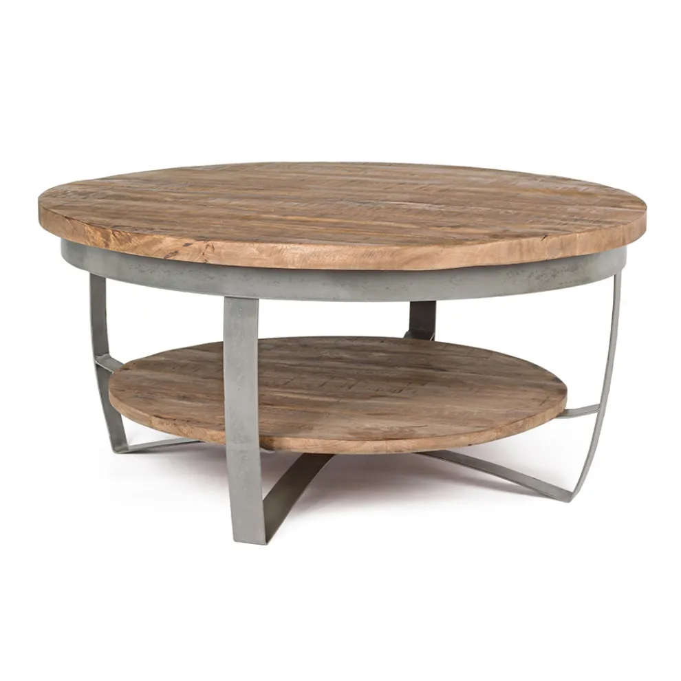 Niedriger runder Wohnzimmer-Couchtisch aus Mangoholz und Stahl - Moncheri