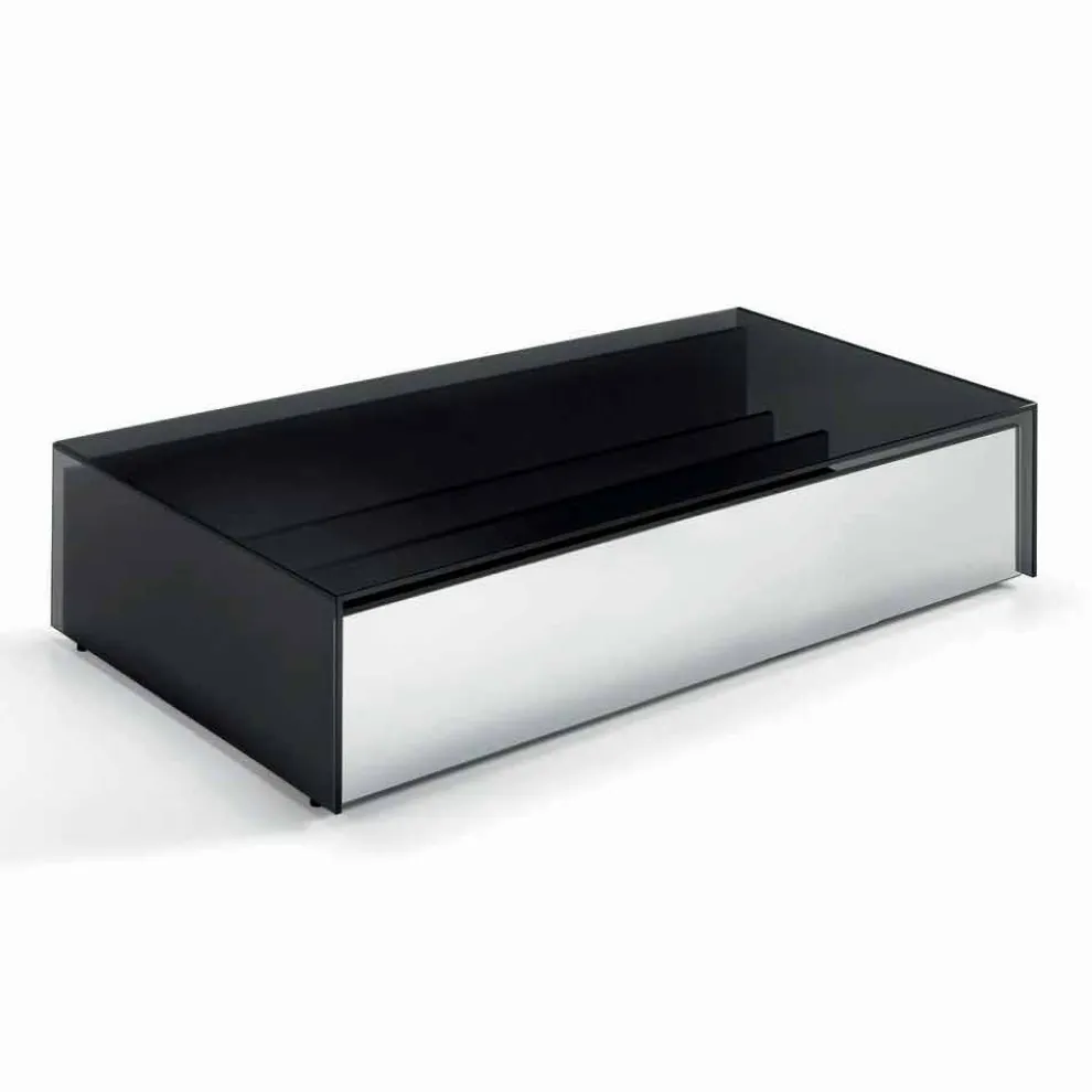 Niedriger Wohnzimmertisch aus Rauchglas und Holzschubladen 3 Größen - Mantra