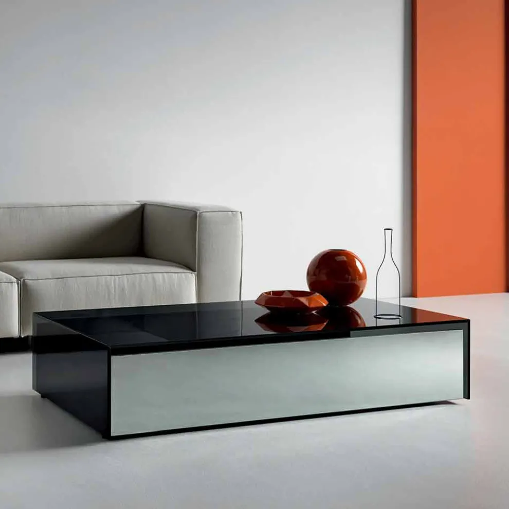 Niedriger Wohnzimmertisch aus Rauchglas und Holzschubladen 3 Größen - Mantra