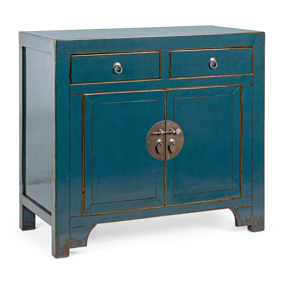Niedriges Sideboard mit 2 Türen und 2 Schubladen aus blauem Ulmenholz Homemotion - Konan
