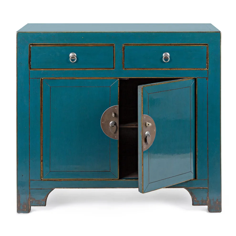 Niedriges Sideboard mit 2 Türen und 2 Schubladen aus blauem Ulmenholz Homemotion - Konan