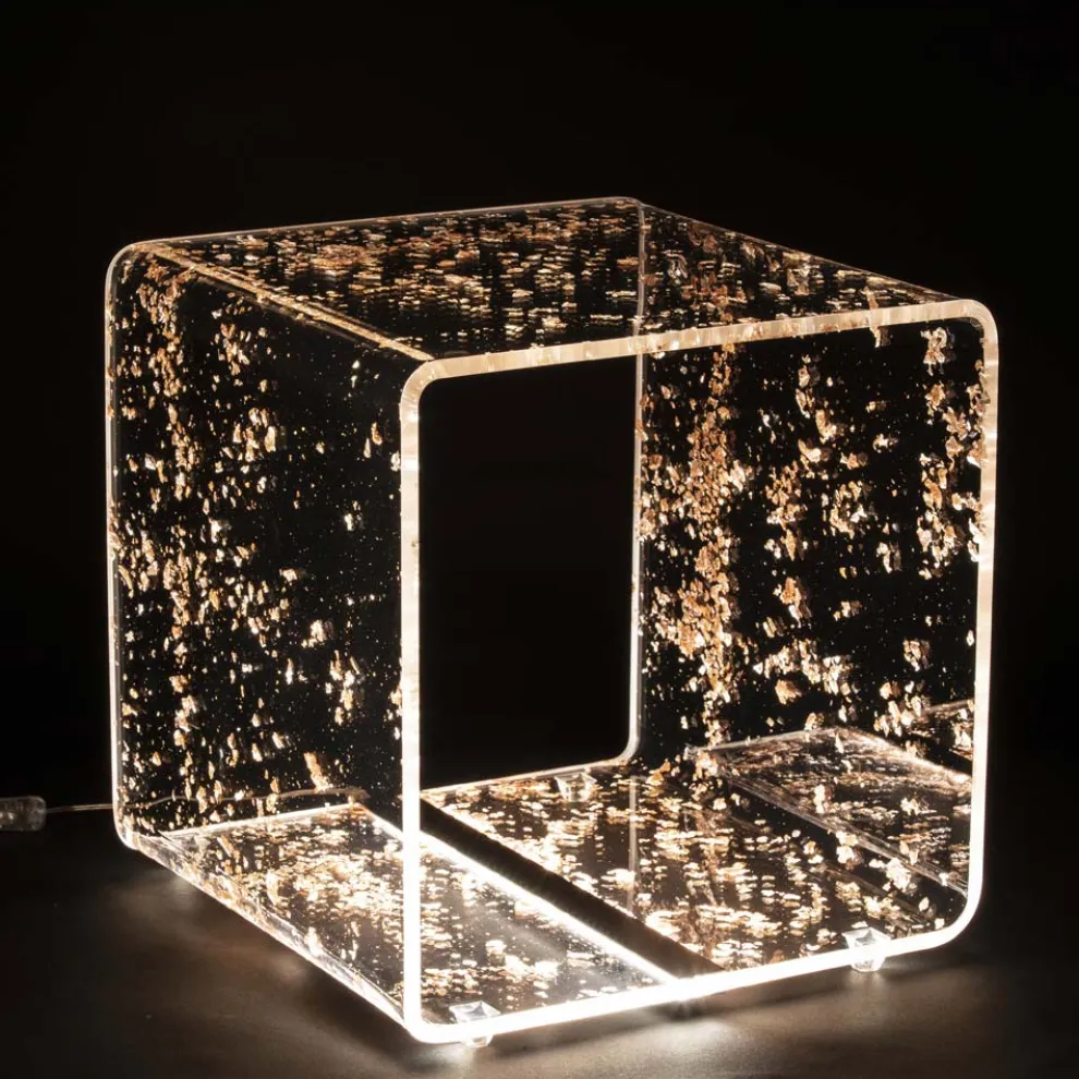 Nachttischlampe LED Crystal Acryl und Blattgold, Silber oder Kupfer - Gnassi