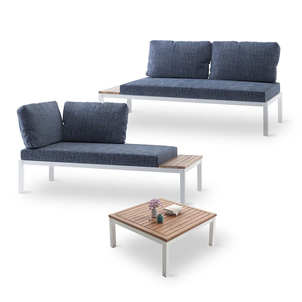 Wohnzimmer im Freien aus weißem Metall und Holz mit Sofas und Couchtisch - Brera