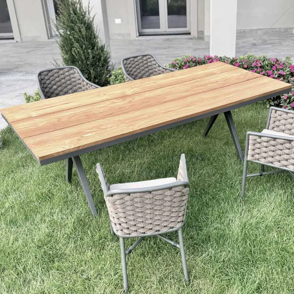 Fester Außentisch 220x100 cm aus Aluminium und massivem Teakholz - Nara