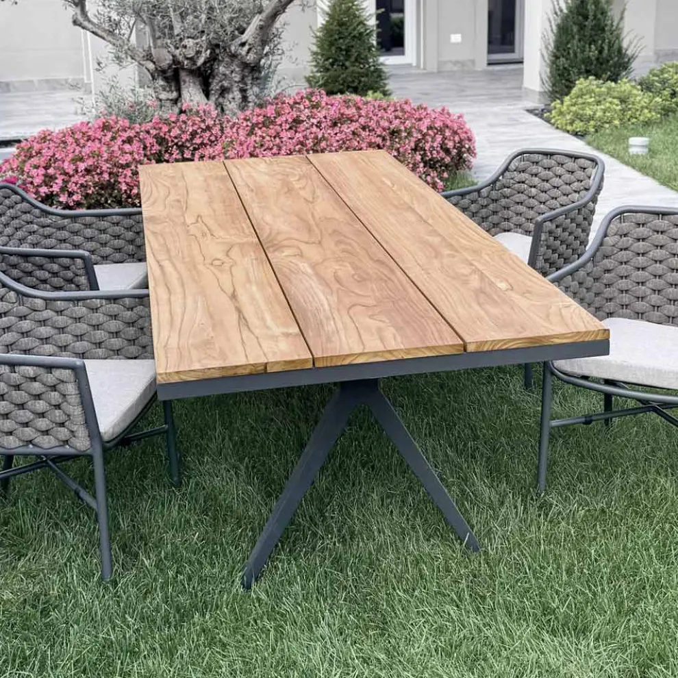 Fester Außentisch 220x100 cm aus Aluminium und massivem Teakholz - Nara