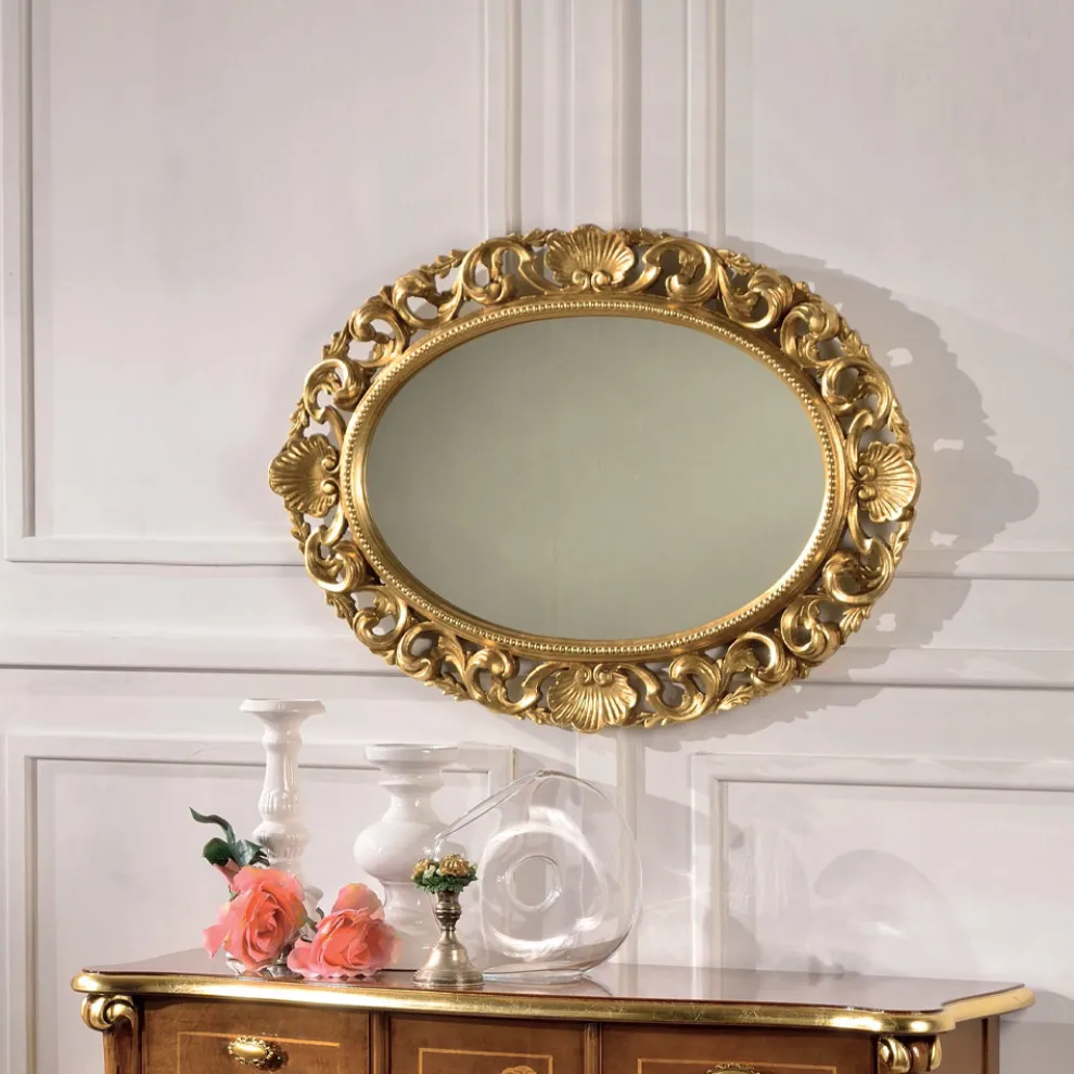 Ovaler Spiegel mit perforiertem Holzrahmen aus Blattgold Made in Italy - Florenz