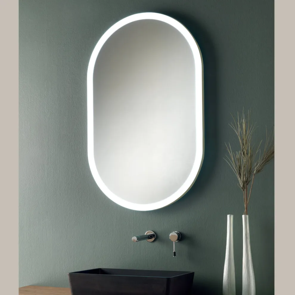 Ovaler Spiegel mit Metallrahmen und Lichtern, hergestellt in Italien – Mozart