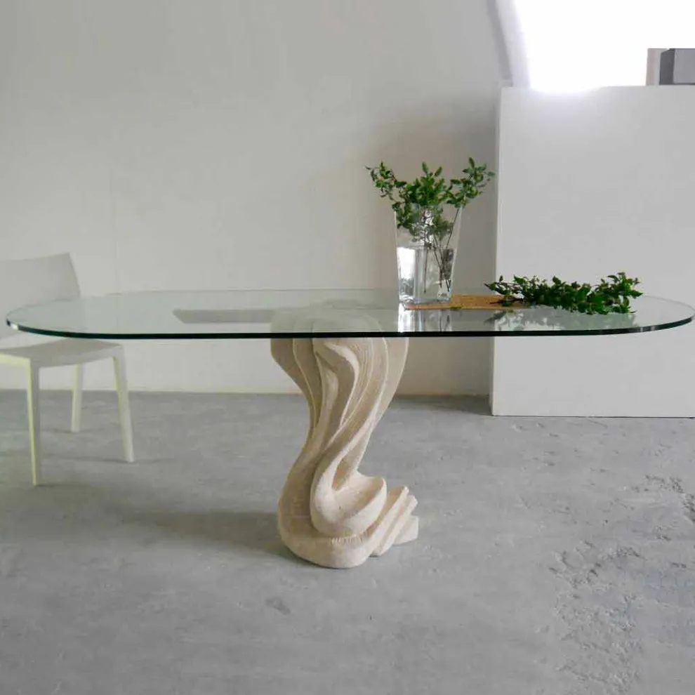 Ovaler Tisch aus Stein mit Kristall Tischplatte Agave