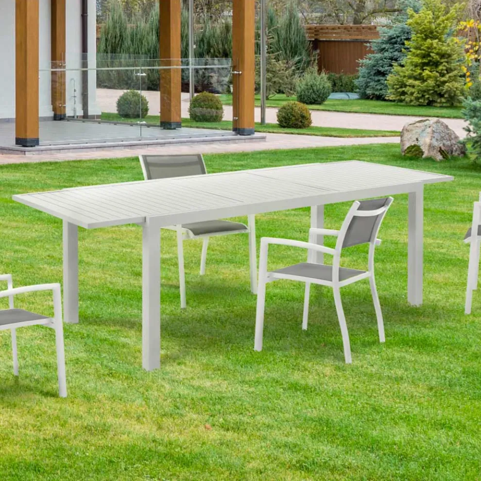 Ausziehbarer Gartentisch mit weißer Aluminiumplatte und Sockel – Parler