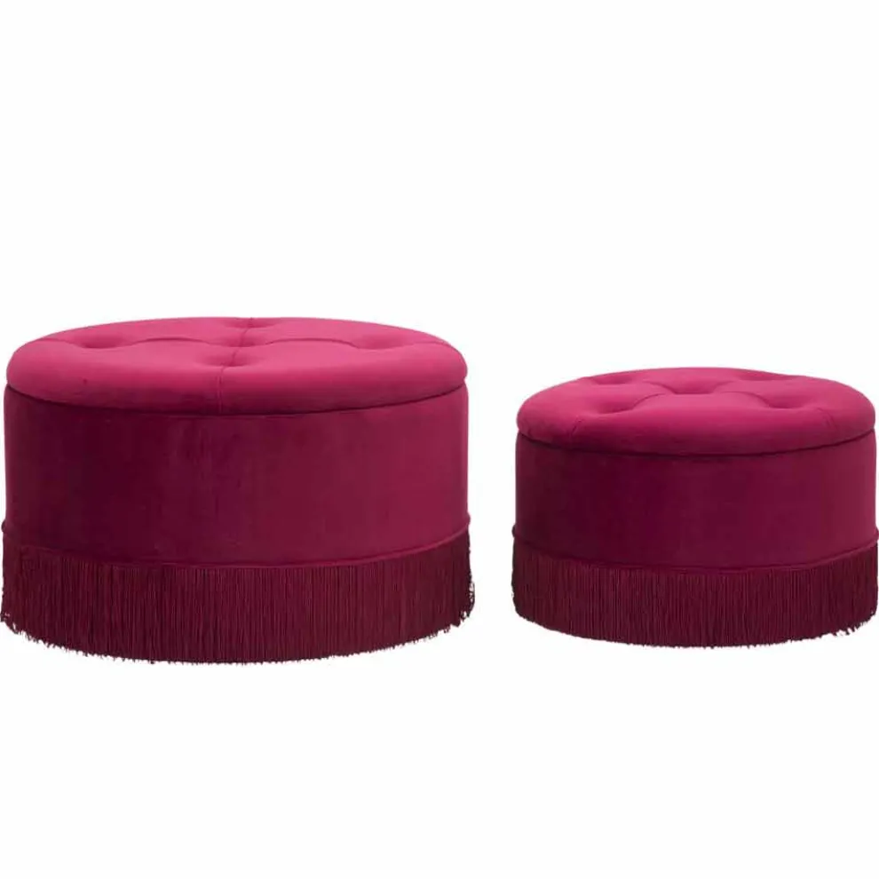 Paar burgunderrote runde moderne Aufbewahrungshocker aus Samt und Holz - Wallace