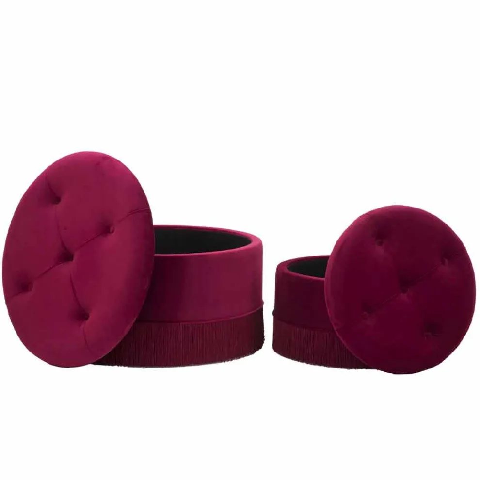 Paar burgunderrote runde moderne Aufbewahrungshocker aus Samt und Holz - Wallace