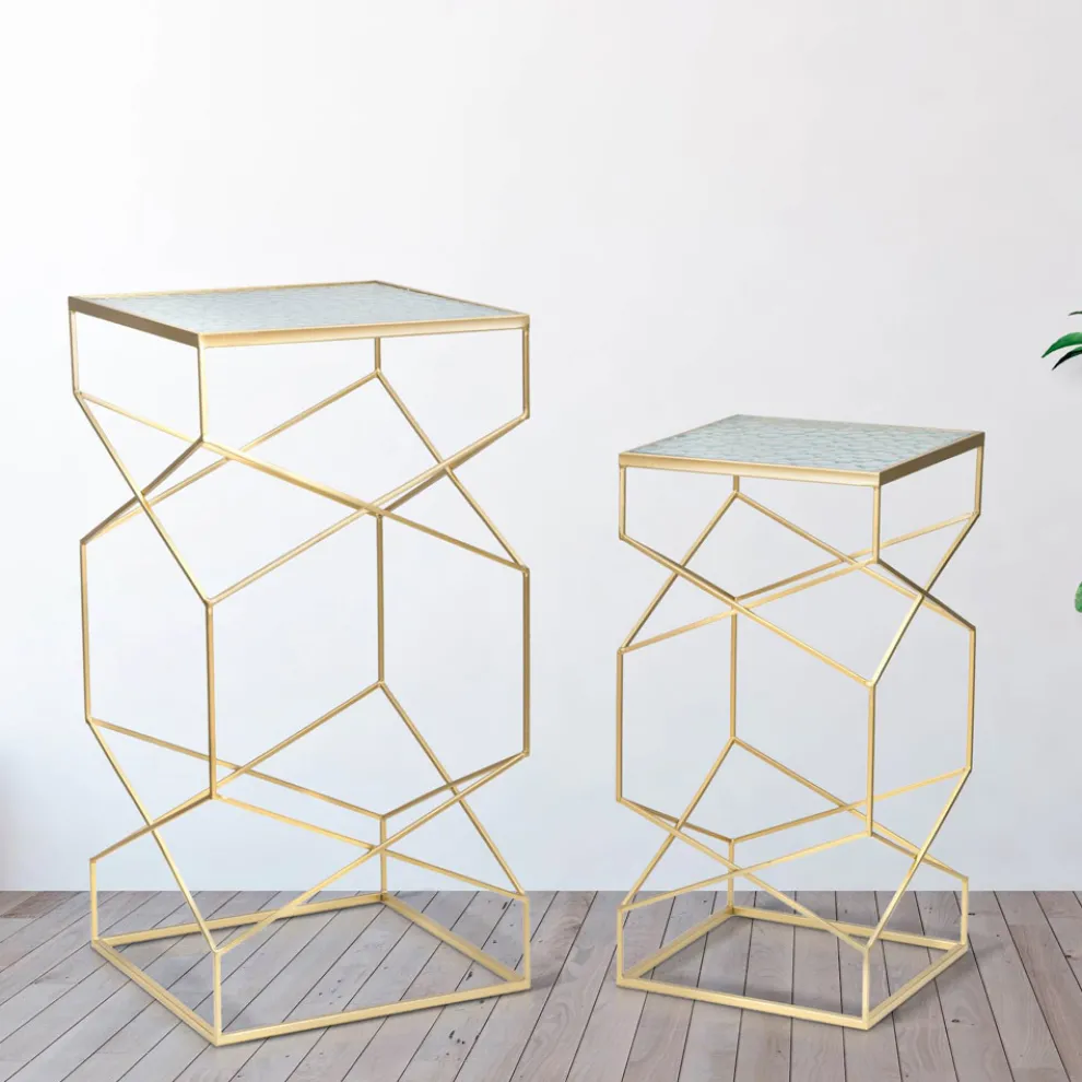 Paar quadratische Telefontische aus goldenem Eisen und Glasplatte - Pope