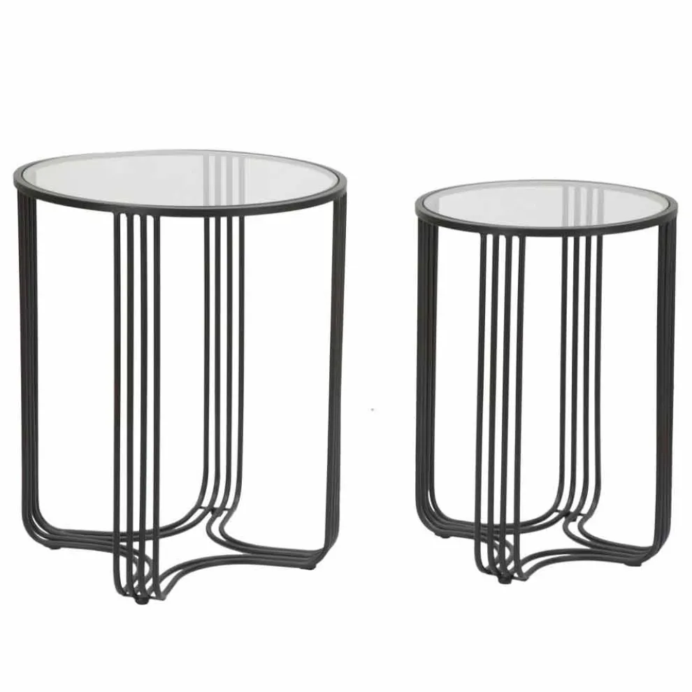 Paar runde Couchtische aus Glas und Eisen Modernes Design - Ezra