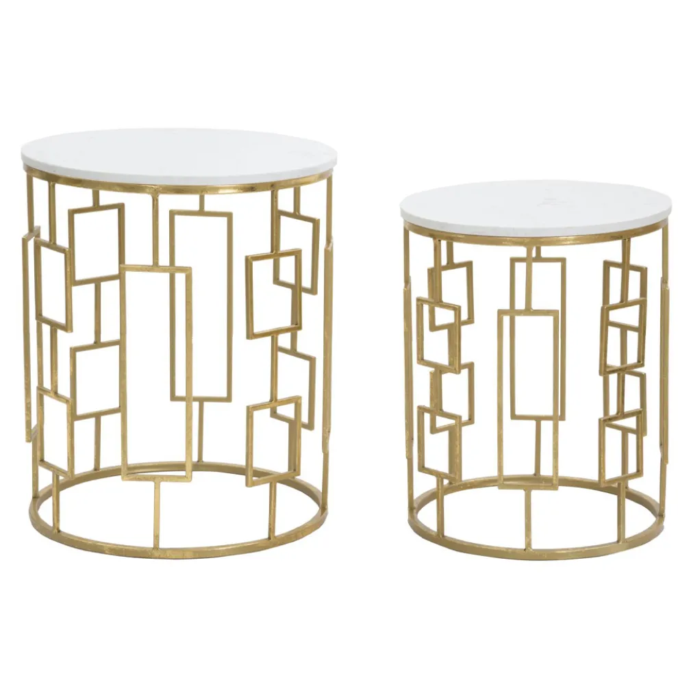 Paar runde goldene Couchtische mit Eisenstruktur - Marmolo