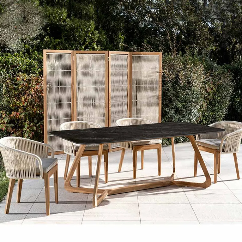 Gartentisch mit Holzsockel und schwarzer Marquinia-Keramikplatte - Infinity