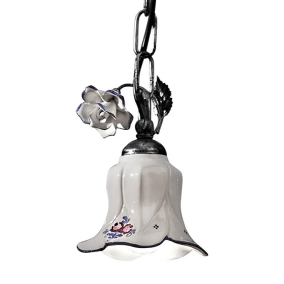 Pendelleuchte aus Metall und handverzierter Keramik mit Rose - Pisa