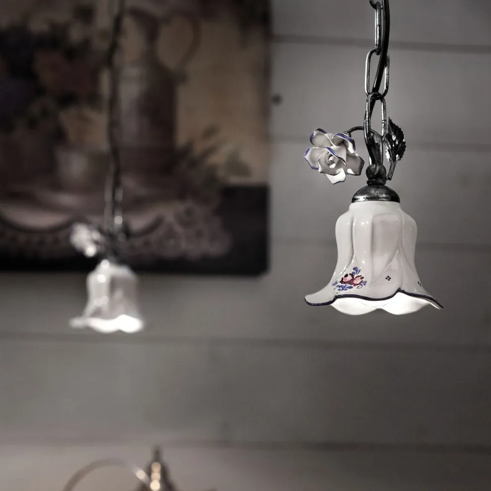 Pendelleuchte aus Metall und handverzierter Keramik mit Rose - Pisa