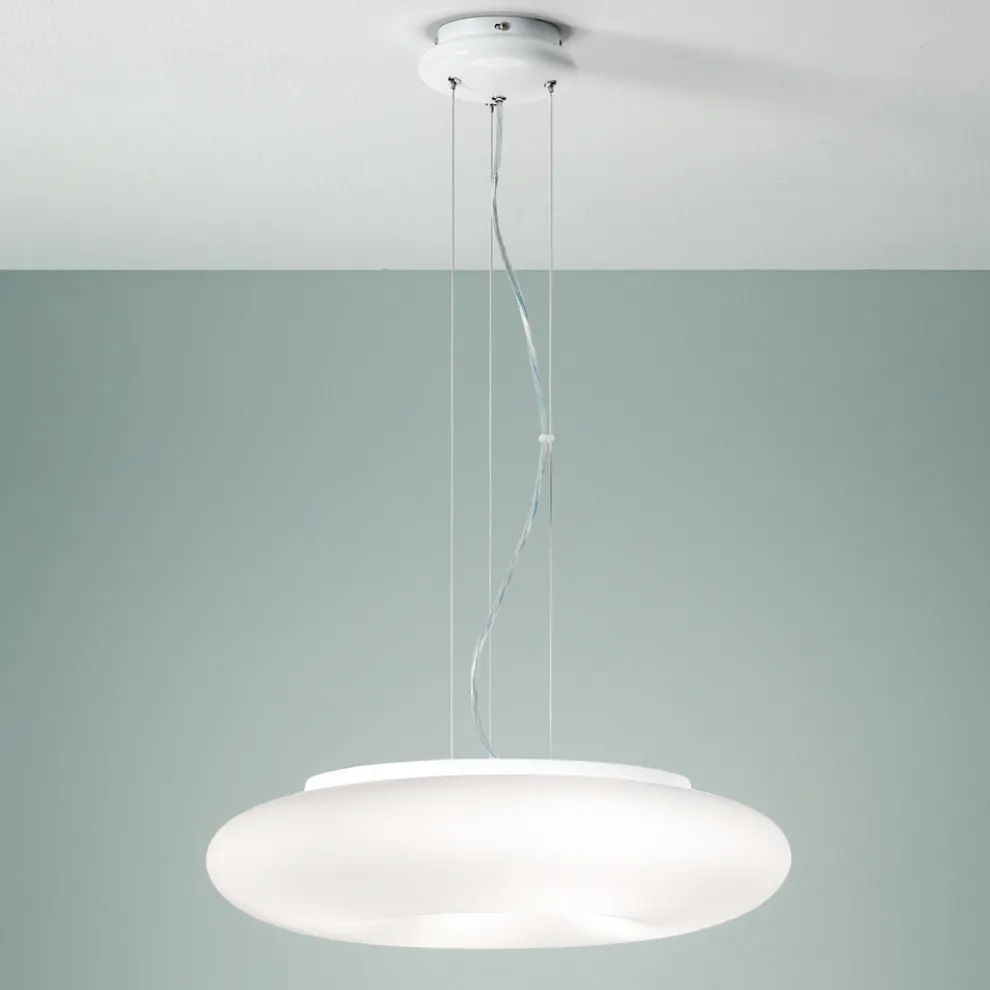 Pendelleuchte aus geblasenem weißem Glas und verchromtem Metall - Ariana