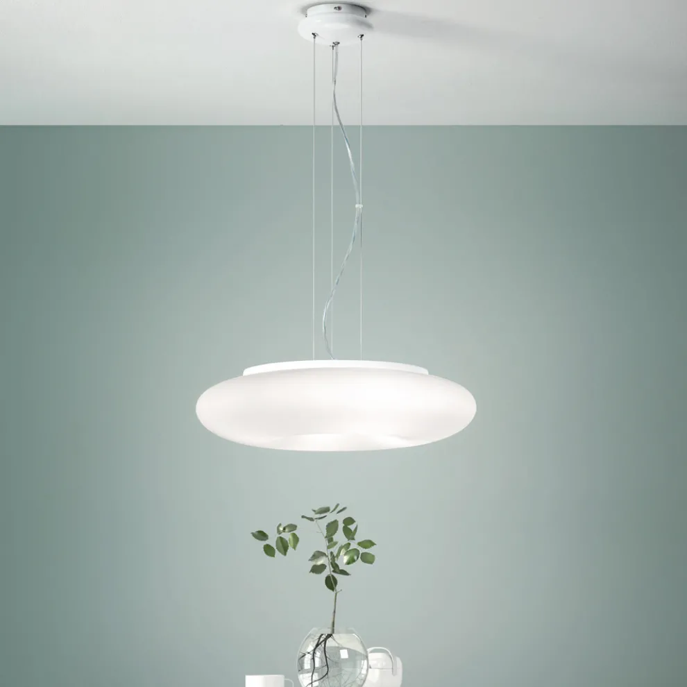 Pendelleuchte aus geblasenem weißem Glas und verchromtem Metall - Ariana